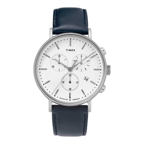 Timex Men's White Round Dial & Plain Navy-Blue Strap Chronograph Watch, TW2T32500