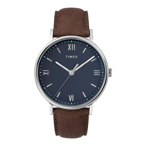 Timex Men's Chrome Round Dial With Navy Blue Background & Textured Brown Strap Analog Watch, TW2T34800