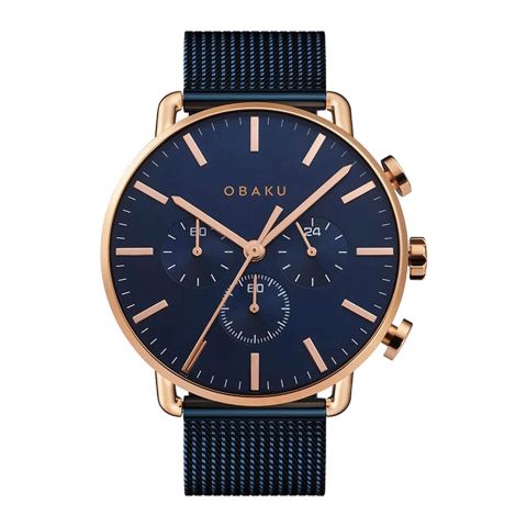 Obaku Men's Rust Gold Round Dial With Navy Blue Background & Bracelet Chronograph Watch, V232GCVLML