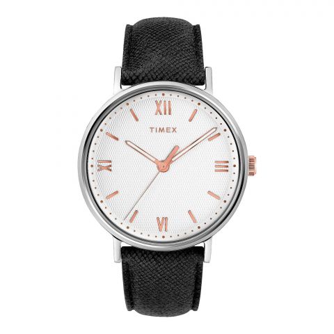 Timex Men's Chrome Round Dial With White Background & Textured Black Strap Analog Watch, TW2T34700