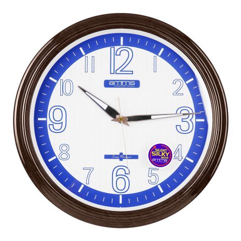 Z.A Wall Clock, White Background, Blue Numbers With Brown Border, AMB-625