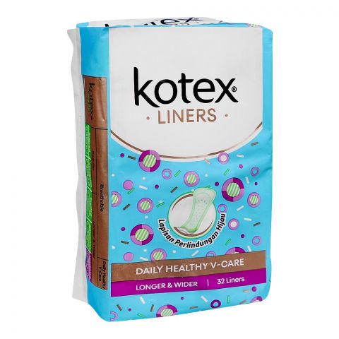 Kotex Daily Healthy V-Care, Longer & Wider Panty Liner, 32-Pack