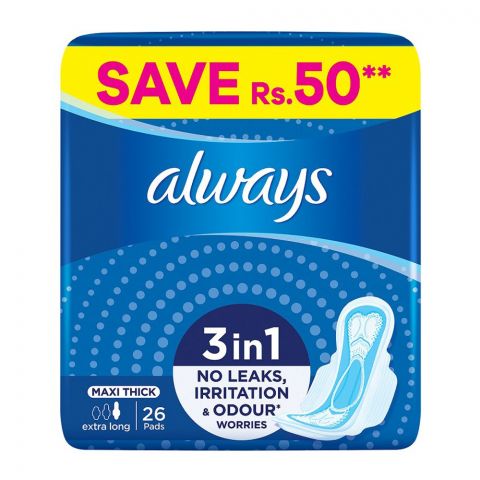 Always 3-In-1 Maxi Thick Extra Long Pads, 26 Pads