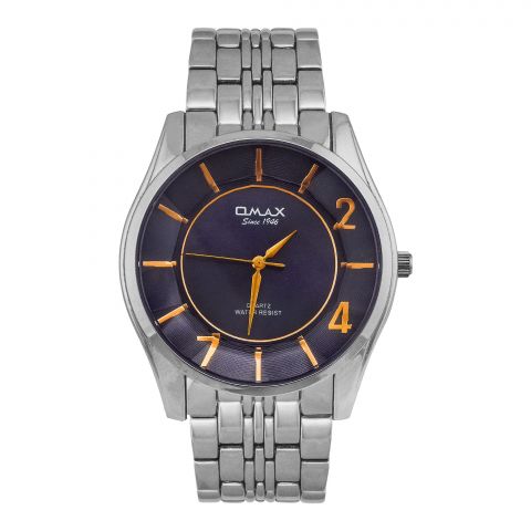 Omax Men's Chrome Round Dial With Navy Blue Background & Chrome Chain Analog Watch, PB03M22R