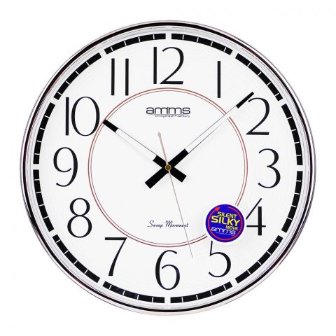 Z.A Wall Clock, White Background with Silver Border, AMB-622