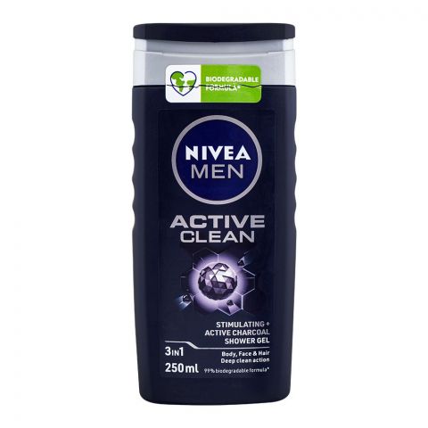 Nivea Men Active Clean Active Charcoal 3-In-1 Shower Gel, 250ml