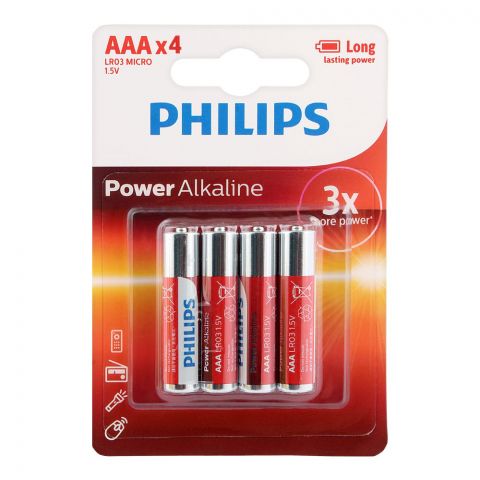 Philips Power Alkaline AAA Batteries, 4-Pack, LR03P4B/97