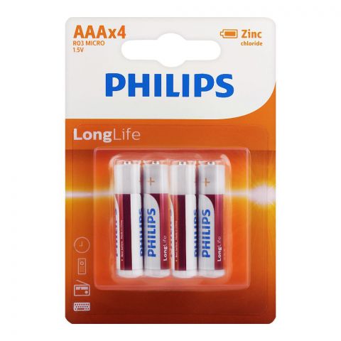 Philips Zinc Chloride Long Life AAA Batteries, 4-Pack, R03L4B/97