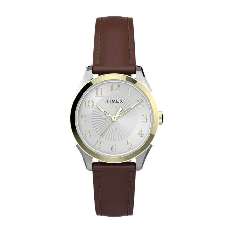Timex Women's Yellow Gold Round Dial With White Background & Plain Brown Strap Analog Watch, TW2T66700
