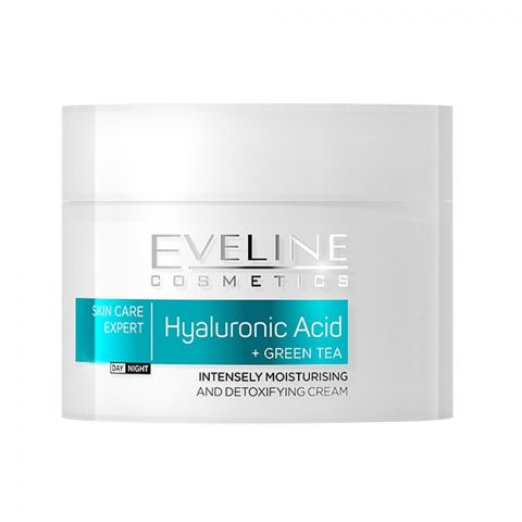 Eveline Hyaluron Acid + Green Tea Intensely Moisturising And Detoxifying Cream, Day/Night, All Skin Types, 50ml