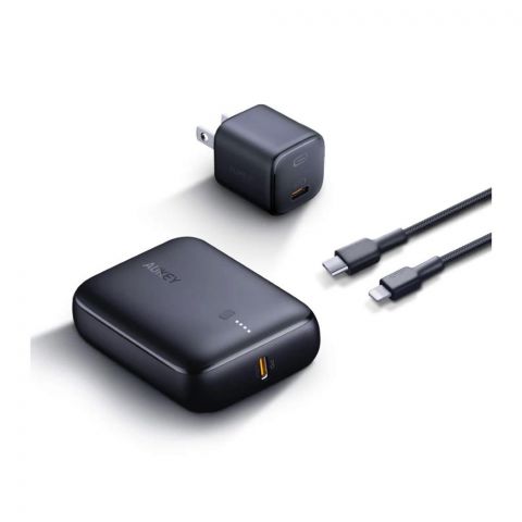 Aukey On The Go Bundle, 1 USB Type-C Wall Charger + Lightning Cable + Power Bank, Black, TK-2