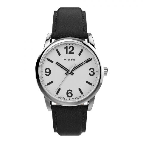 Timex Men's Chrome Round Dial With White Background & Textured Black Strap Analog Watch, TW2U71700