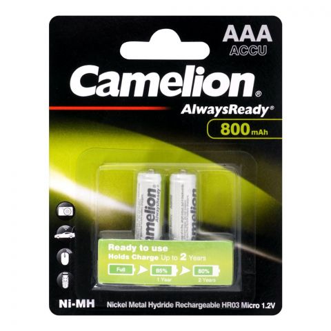 Camelion Always Ready Rechargeable Ni-MH 800MAh AAA Batteries, AAA-2, NH-AAA800ARBP2