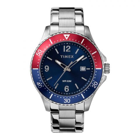 Timex Men's Blue & Red Round Dial With Silver Chain Chronograph Watch, TW2U29000