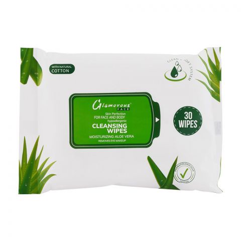 Glamorous Face Aloe Vera Face And Body Cleansing Wipes, GF1042, 30-Pack