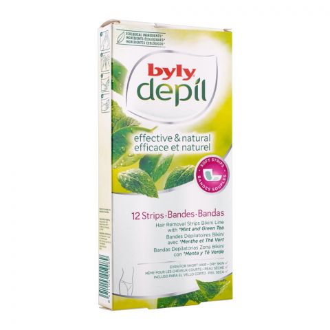 Byly Depil Effective & Natural Mint & Green Tea Bikini Line Hair Removal Strips, 12-Pack