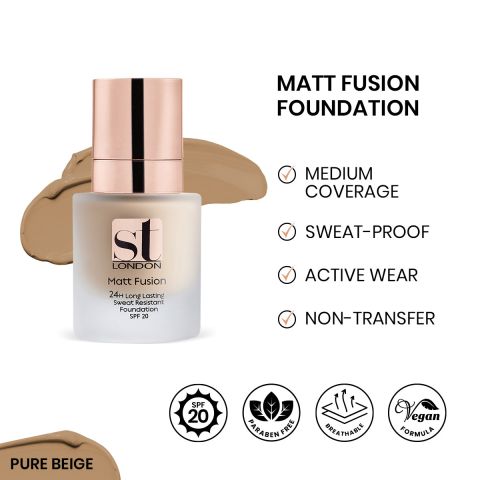 ST London Matt Fusion 24H Long Lasting Sweat Resistant Foundation, SPF 20, Pure Beige