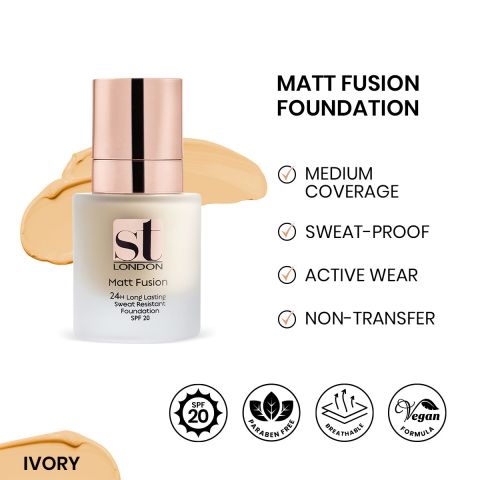 ST London Matt Fusion 24H Long Lasting Sweat Resistant Foundation, SPF 20, Ivory Nude