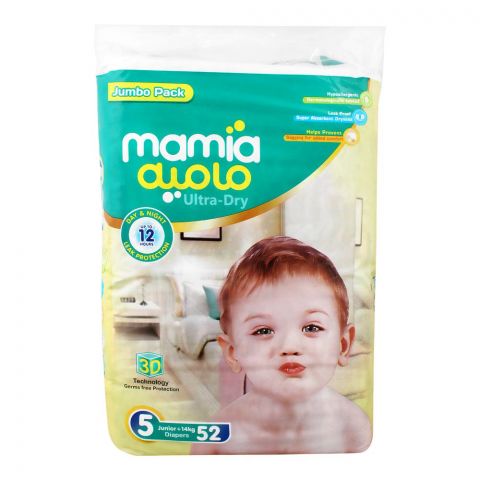 Mamia Ultra-Dry Diaper, No. 5, Junior, 14 KG, Jumbo Pack,  52-Pack