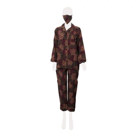 Basix Ladies Loungewear 4 Piece Set, Elegant Brown Multi Shaded Leaves, 519