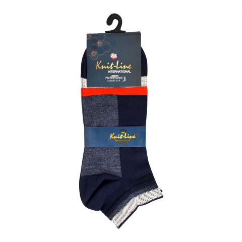 Knit Line Mercerized Ankle Cotton Socks, AM-Blue