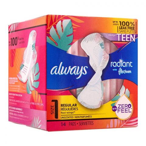 Always Radiant Flex Foam Teen Regular Flexi-Wings Size 1 Unscented Pads 14's