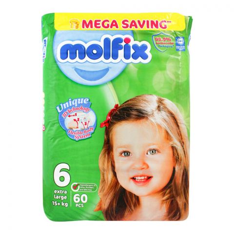 Molfix Diaper No.6, Extra Large, Mega Pack, 15+ KG, 60-Pack