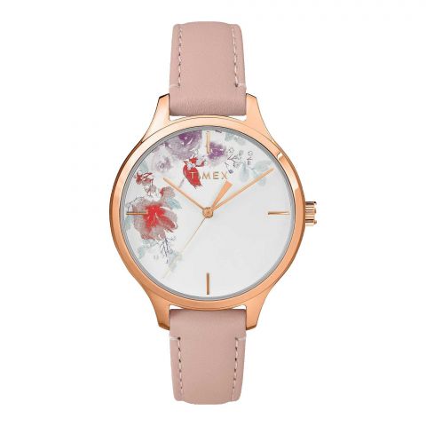 Timex Women's Rose Gold Round Dial With Floral Background & Light Pink Strap Analog Watch, TW2R87700