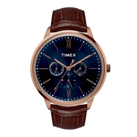 Timex Men's Rust Gold Round Dial With Navy Blue Background & Textured Brown Strap Chronograph Watch, TW2T24100