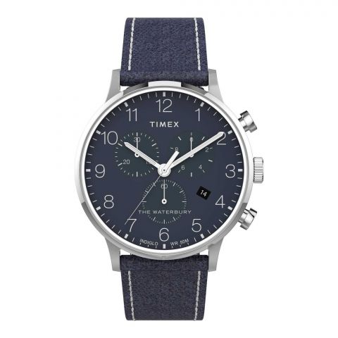 Timex Men's Chrome Round Dial With Textured Navy Blue Strap Chronograph Watch, TW2T71300
