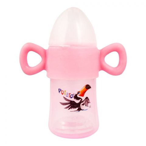Potato Fast Flow Treat & Extra Soft Nipple Feeding Bottle With Handle, Pink, 280ml, P-6007