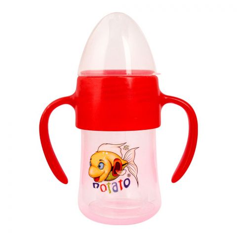 Potato Fast Flow Treat & Extra Soft Nipple Feeding Bottle With Handle, Red, 180ml,  P-6008