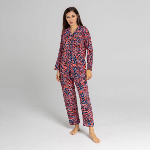 Basix Ladies Loungewear 2 Piece Set, Geometric Waves Of Blue, Black & Red, MS-524