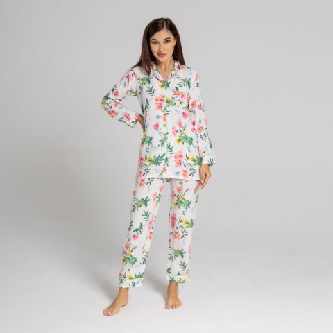 Basix Ladies Loungewear 2 Peice Set, Vanilla White Summer Refreshing Pink Flora, MS-526