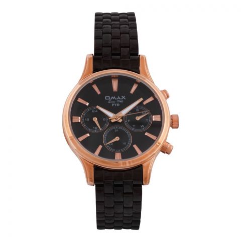 Omax PVD Rust Gold Round Dial With Black Bracelet Men's Chronograph Watch, FSM001U032