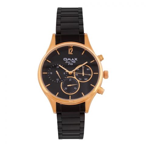 Omax PVD Golden Round Dial With Black Bracelet Men's Chronograph Watch, FSM009U022