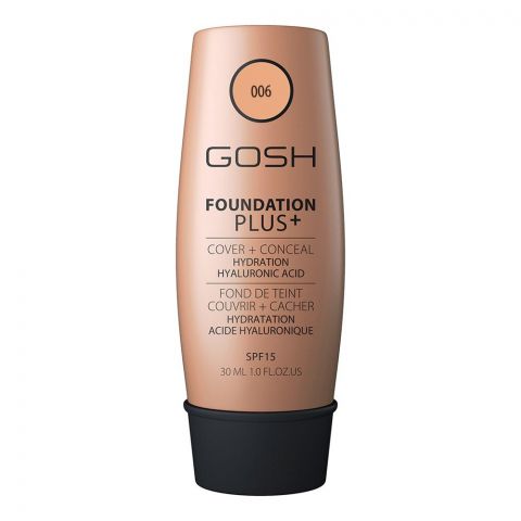 Gosh Foundation Plus Cover+Conceal Hydration Hyaluronic Acid, 006 Honey, 30ml