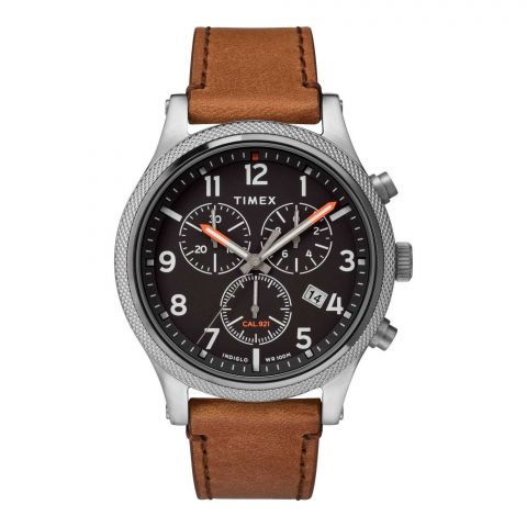 Timex Men's Silver Round Dial With Brown Strap Chronograph Watch, TW2T32900