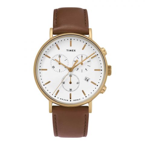 Timex Men's Yellow Golden Round Dial With White Background & Plain Brown Strap Chronograph Watch, TW2T32300