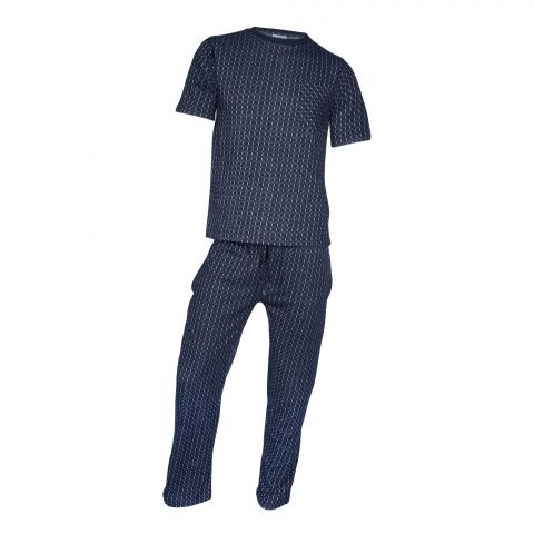 Basix Men Soft Knitted Striped Loungewear Set Blue, LW-805
