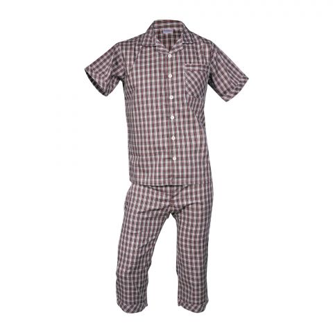 Basix Men's Yarn Dyed Cotton 2 Piece Loungewear Set Vanilla N Brown Checks, LW-809