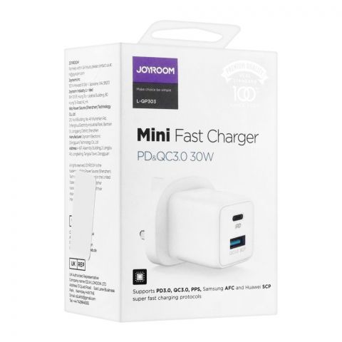 Joyroom Mini Intelligent Dual Port Fast Charger, (PD&QC3.0) White, L-QP303, 30W
