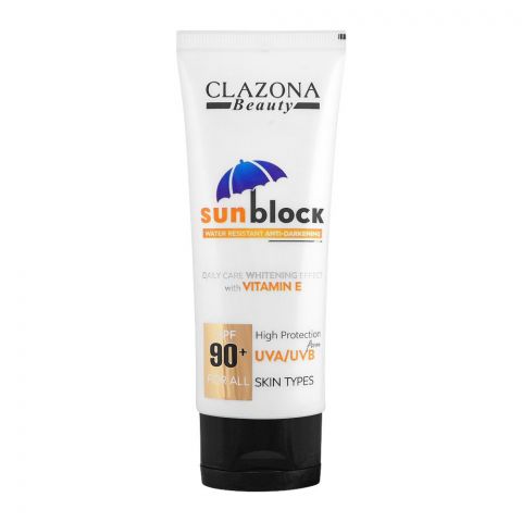 Clazona Beauty Water Resistant Anti-Darkening Sunblock, High Protection, For All Skin Types, SPF 90, 100ml