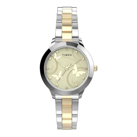 Timex Women's Chrome Round Dial With Designed Background & Two Tone Chain Analog Watch, TW2V20400