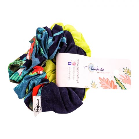 Sandeela Cotton Classic Scrunchies, Navy Blue/Neon Green, 03-01-2097, 2-Pack