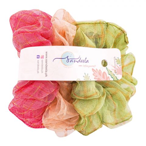 Sandeela Organza Classic Scrunchies, Pink/Beige/Green, 03-04-3007, 3-Pack