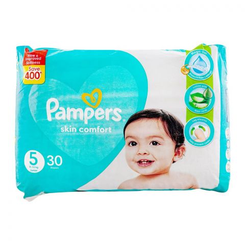 Pampers Skin Comfort Diaper, New & Improved Softness, No.5 Junior, 9-15 Kg, 30-Pack