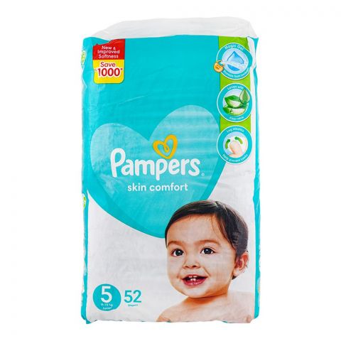 Pampers Skin Comfort Diaper, New & Improved Softness, No.5 Junior, 9-15 Kg, 52-Pack