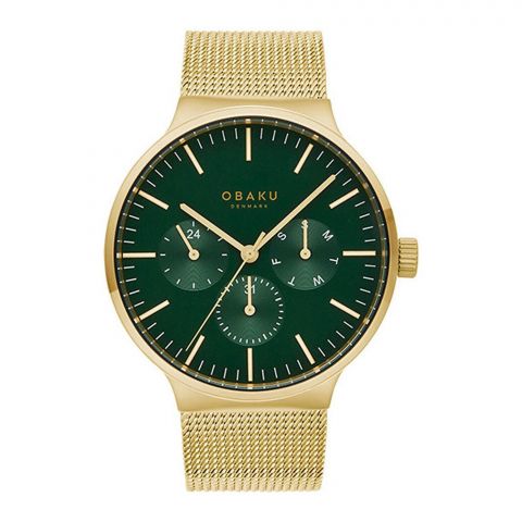 Obaku Men's Green Background With Golden Round Dial & Bracelet Chronograph Watch, V229gGEMG
