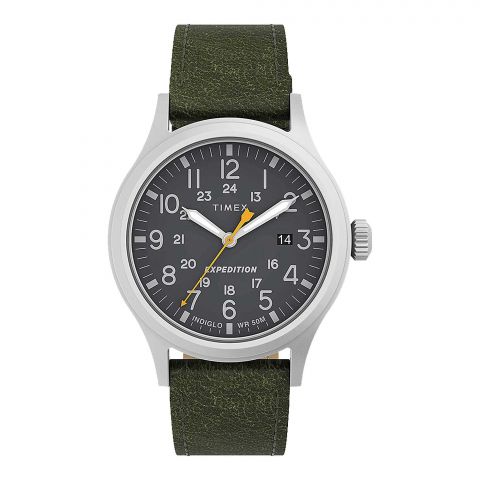 Timex Men's Chrome Round Dial With Grey Background & Textured Olive Green Strap Analog Watch, TW4B22900